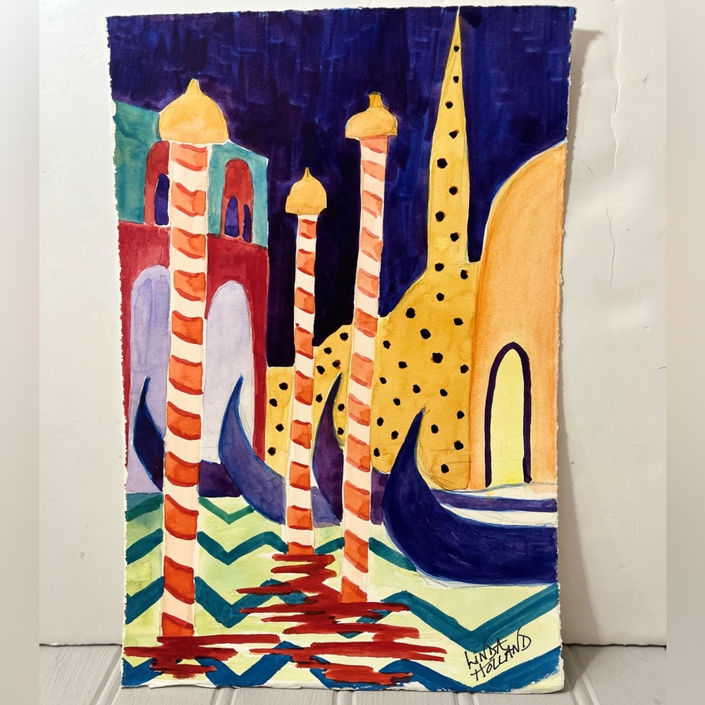 Original Watercolor Abstract‎ Painting Colorful Cityscape Columns Unframed NWOT